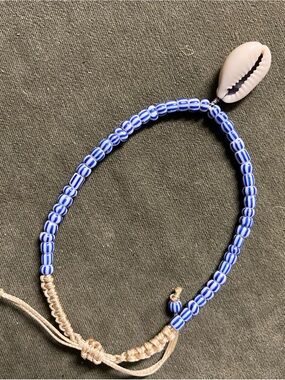 Blue Striped Beaded adj Anklet with Shell Charm